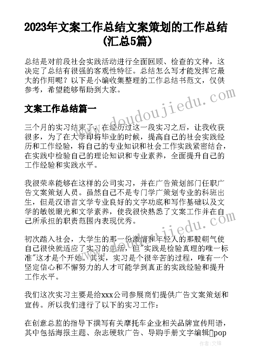 2023年文案工作总结 文案策划的工作总结(汇总5篇)