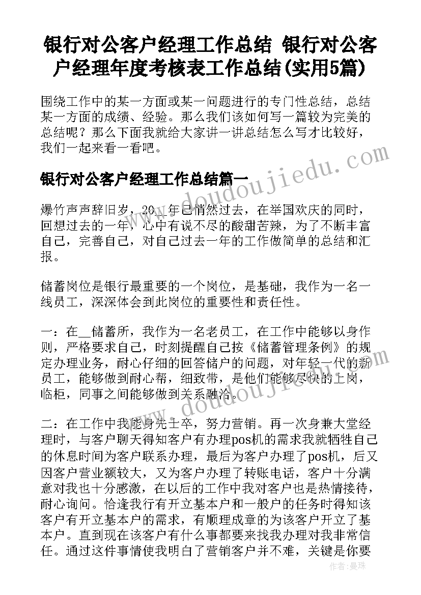 银行对公客户经理工作总结 银行对公客户经理年度考核表工作总结(实用5篇)