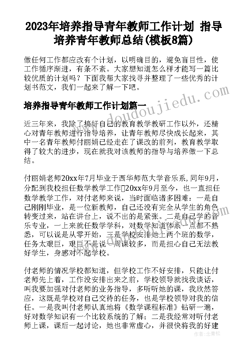 2023年培养指导青年教师工作计划 指导培养青年教师总结(模板8篇)