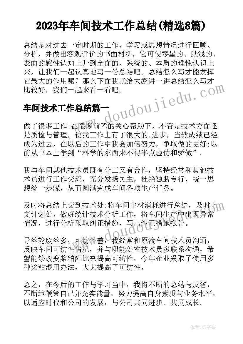 2023年车间技术工作总结(精选8篇)