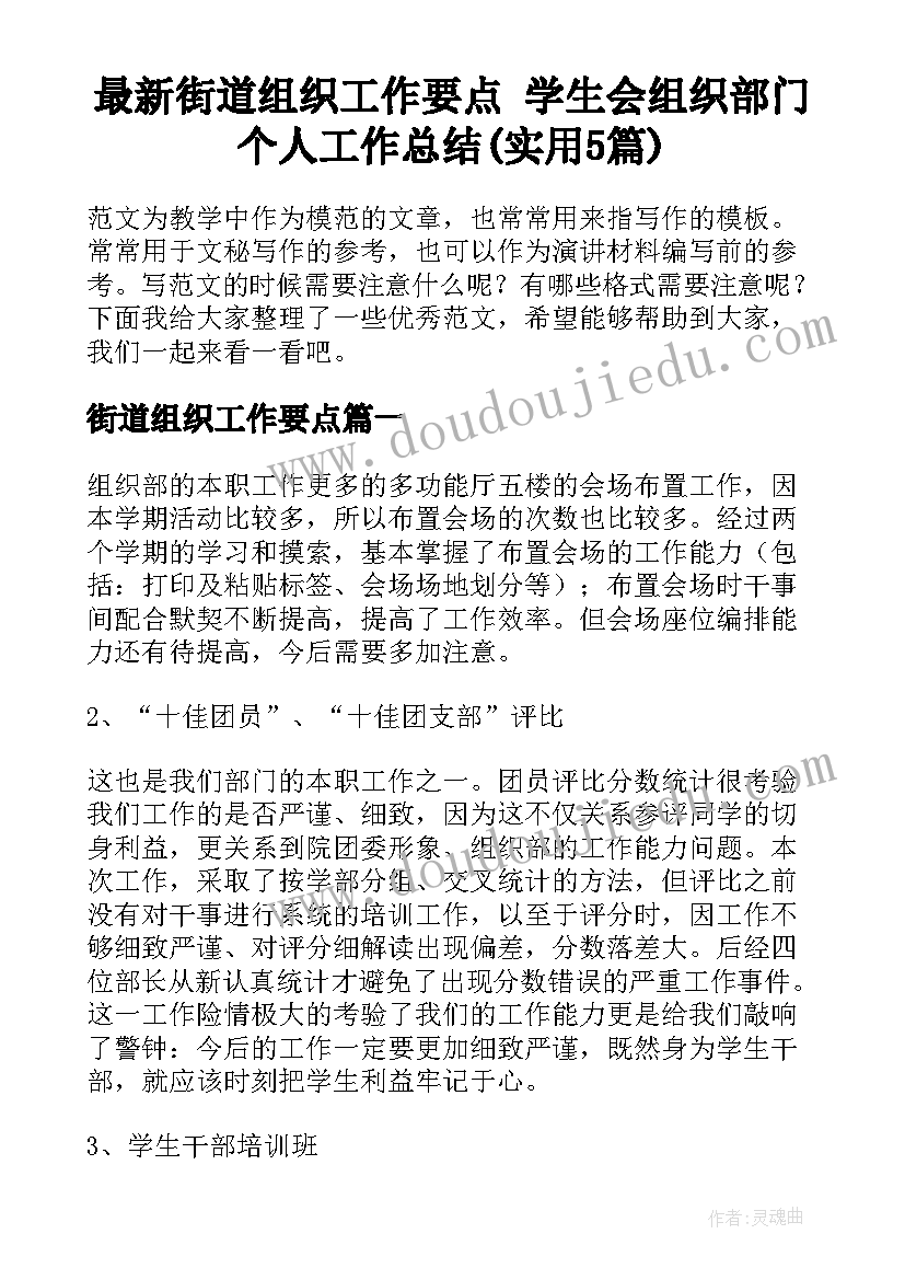 最新街道组织工作要点 学生会组织部门个人工作总结(实用5篇)