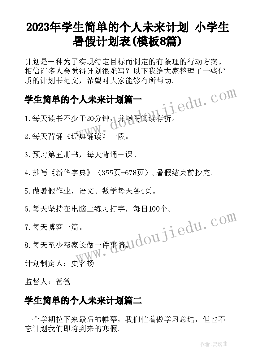 2023年学生简单的个人未来计划 小学生暑假计划表(模板8篇)