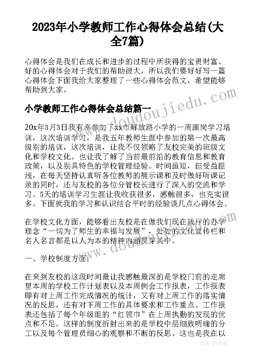 2023年小学教师工作心得体会总结(大全7篇)