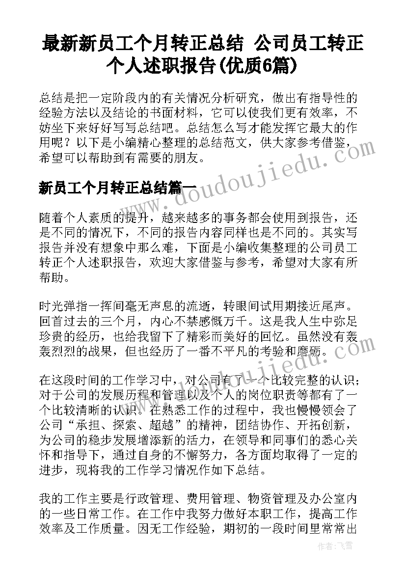 最新新员工个月转正总结 公司员工转正个人述职报告(优质6篇)