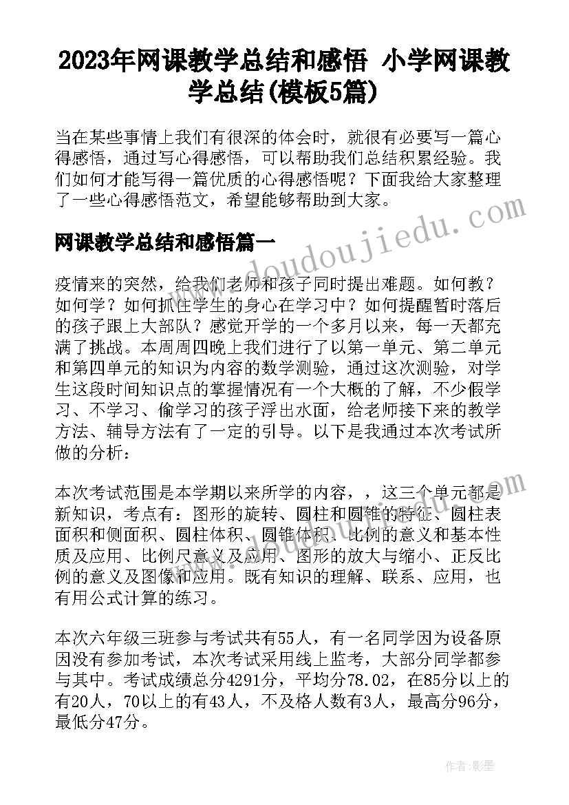 2023年网课教学总结和感悟 小学网课教学总结(模板5篇)