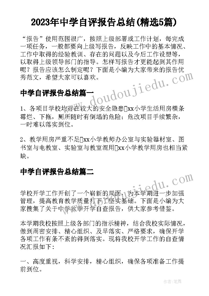 2023年中学自评报告总结(精选5篇)