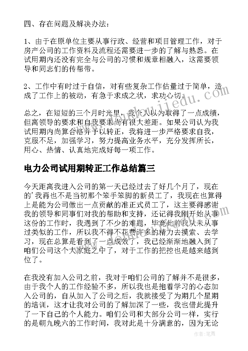 最新电力公司试用期转正工作总结(大全6篇)