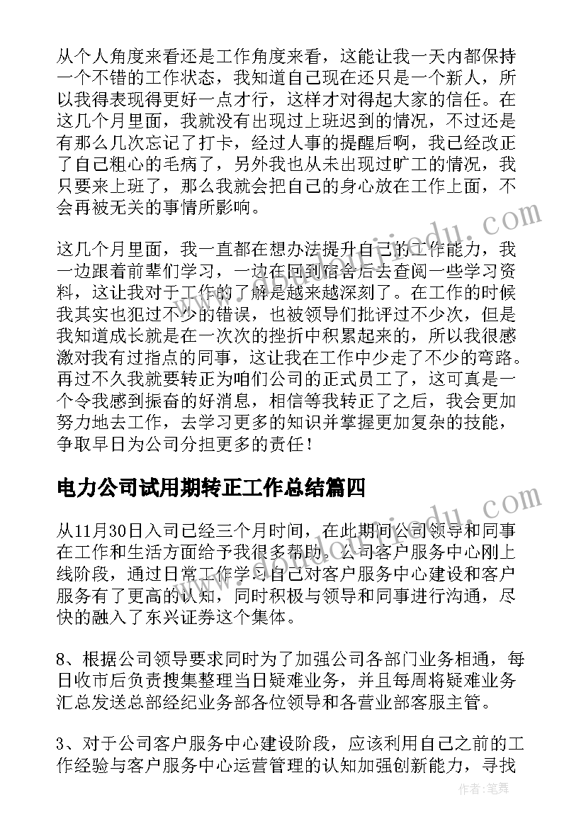 最新电力公司试用期转正工作总结(大全6篇)