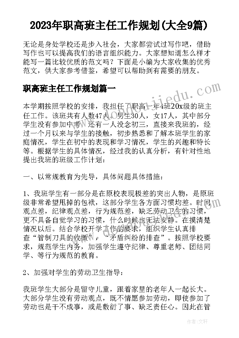 2023年职高班主任工作规划(大全9篇)