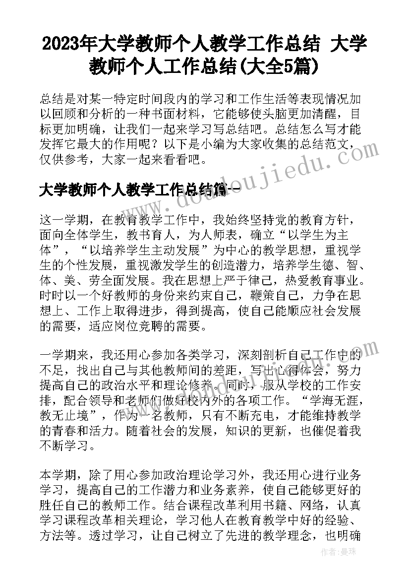 2023年大学教师个人教学工作总结 大学教师个人工作总结(大全5篇)