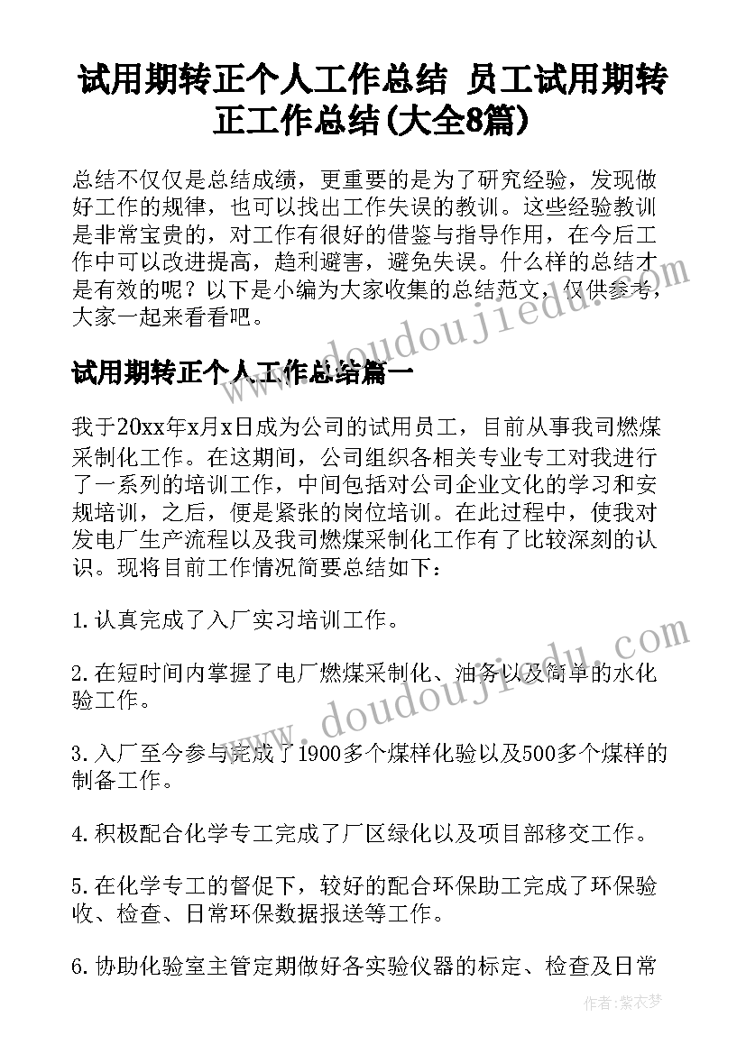 试用期转正个人工作总结 员工试用期转正工作总结(大全8篇)