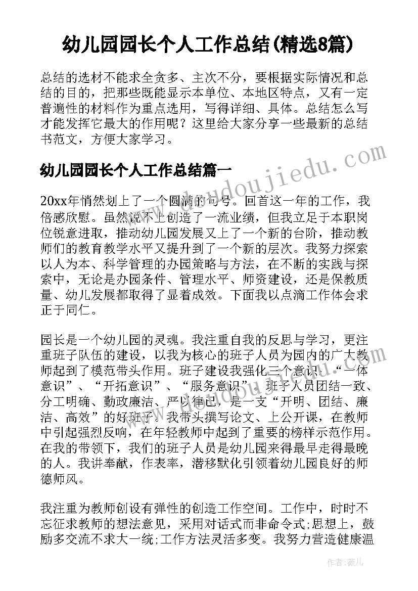 幼儿园园长个人工作总结(精选8篇)