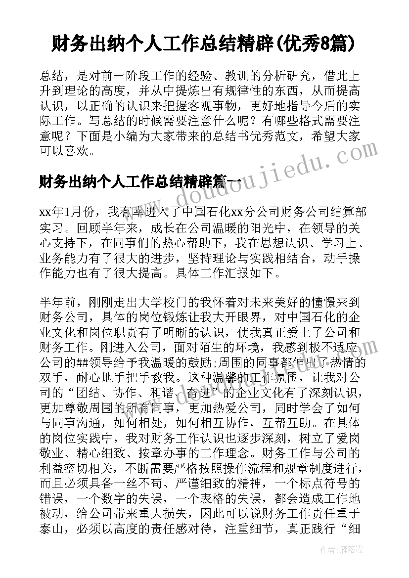 财务出纳个人工作总结精辟(优秀8篇)