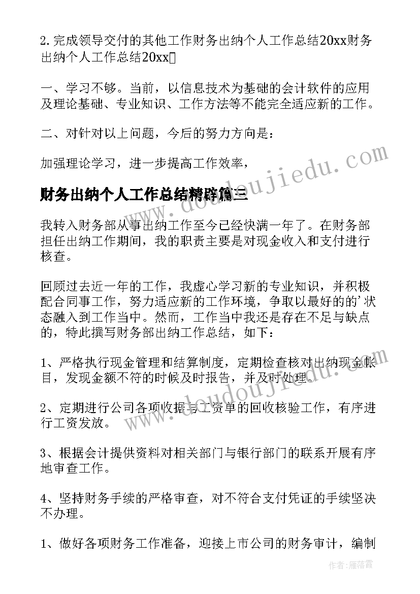 财务出纳个人工作总结精辟(优秀8篇)