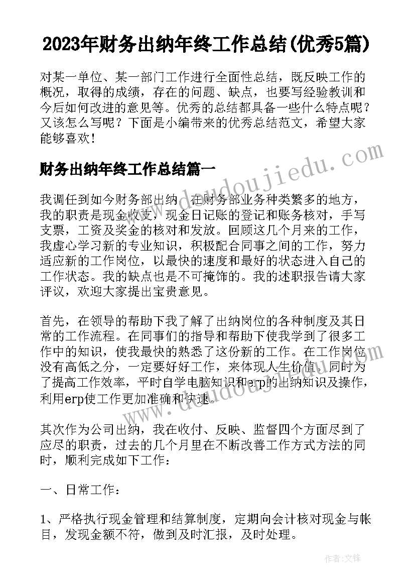 2023年财务出纳年终工作总结(优秀5篇)