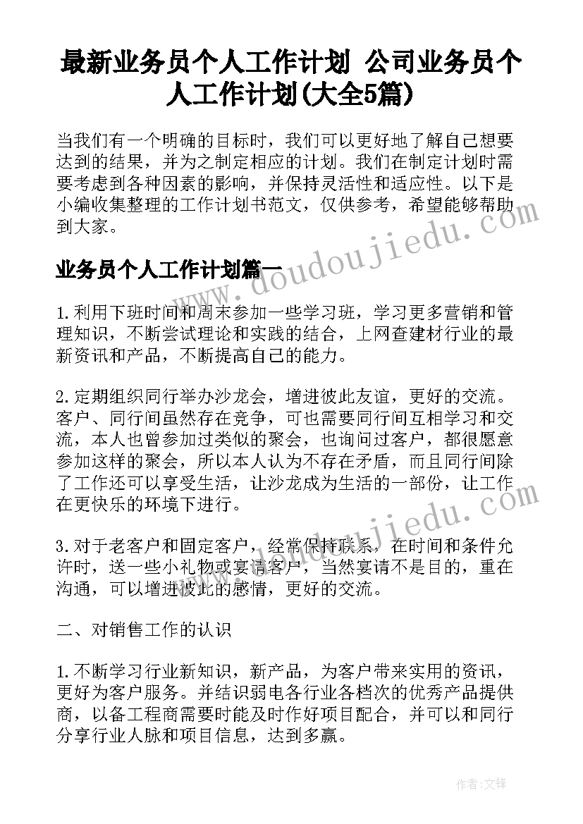 最新业务员个人工作计划 公司业务员个人工作计划(大全5篇)