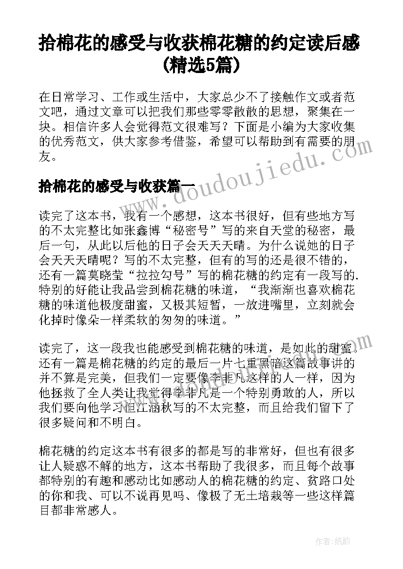 拾棉花的感受与收获 棉花糖的约定读后感(精选5篇)