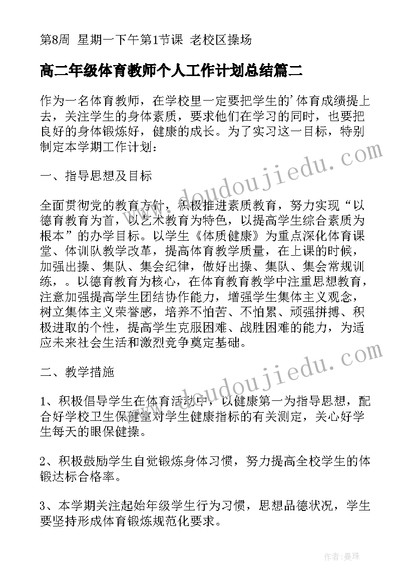 2023年高二年级体育教师个人工作计划总结(优质9篇)