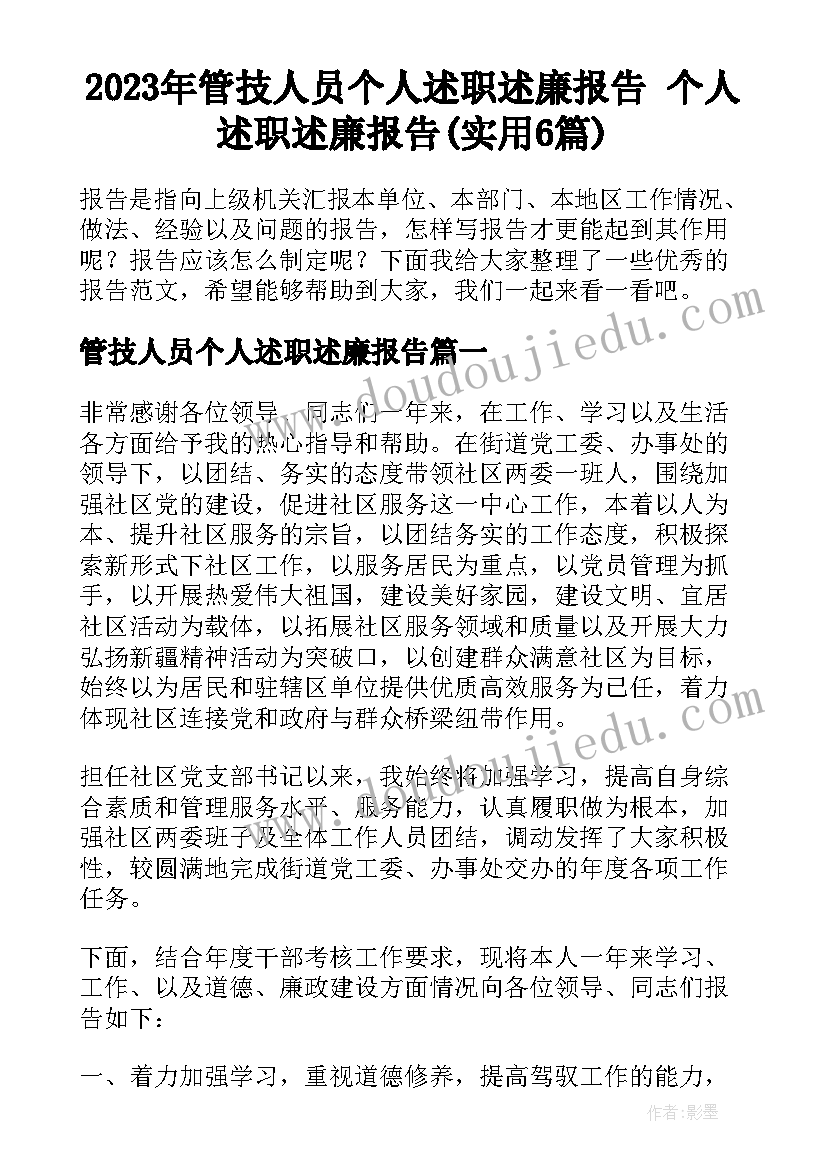 2023年管技人员个人述职述廉报告 个人述职述廉报告(实用6篇)