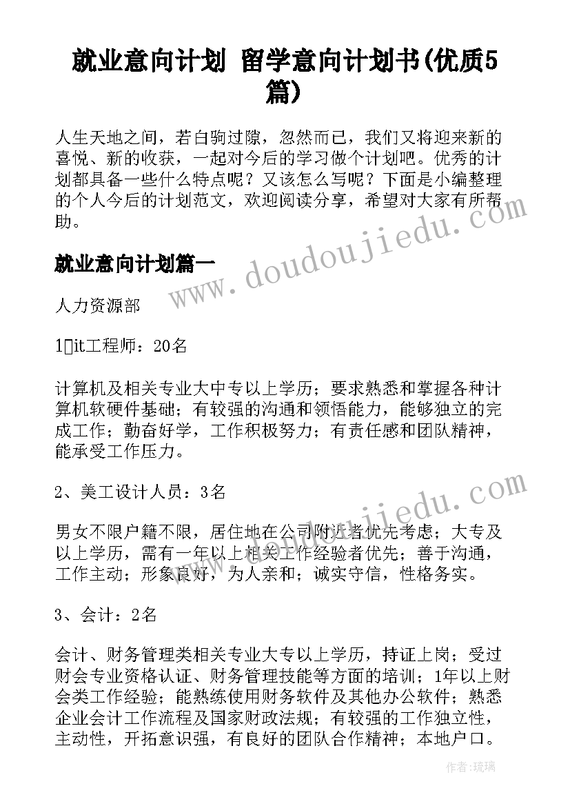 就业意向计划 留学意向计划书(优质5篇)