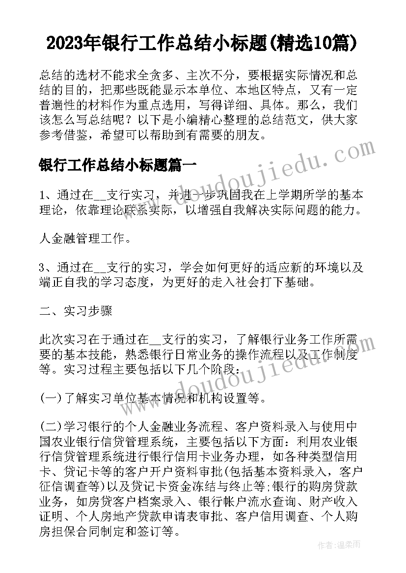 2023年银行工作总结小标题(精选10篇)