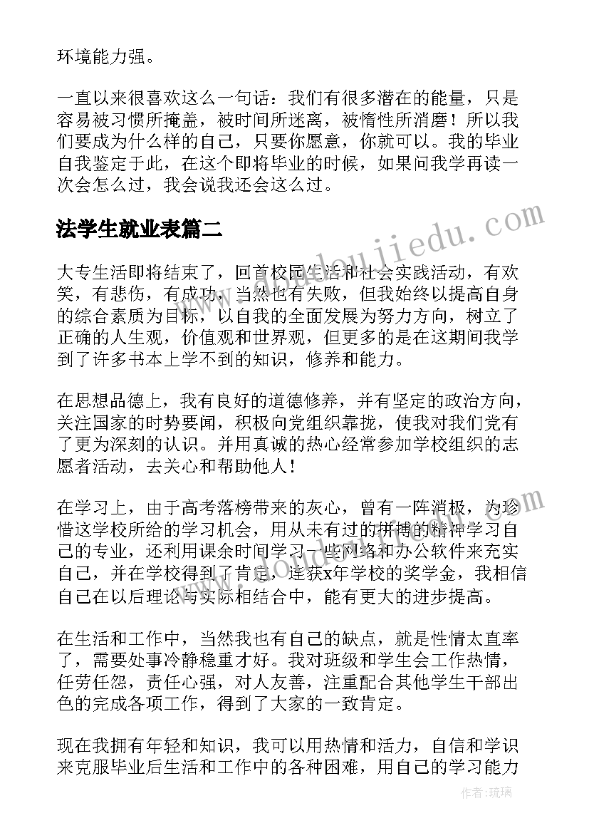 最新法学生就业表 就业自我鉴定(通用6篇)