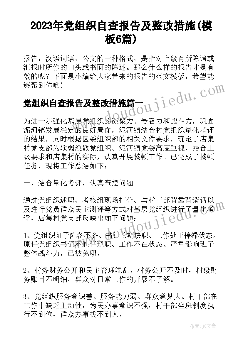 2023年党组织自查报告及整改措施(模板6篇)