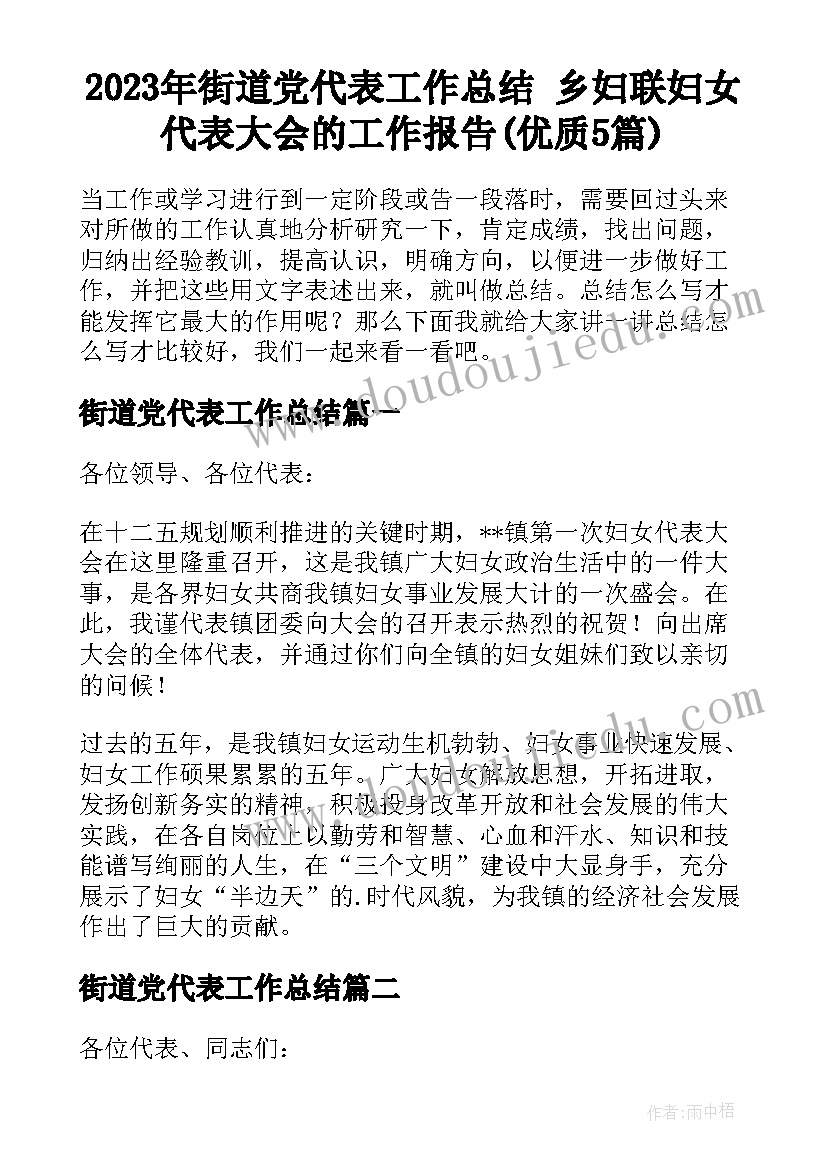 2023年街道党代表工作总结 乡妇联妇女代表大会的工作报告(优质5篇)