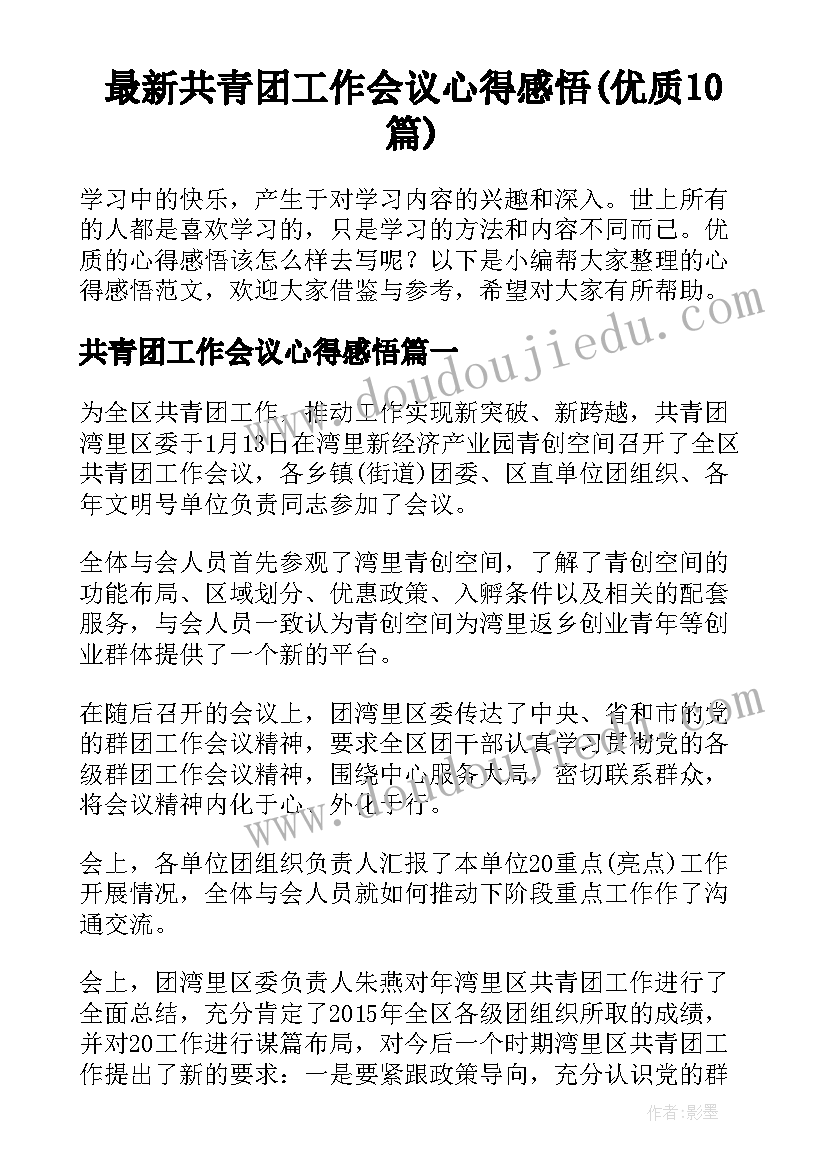 最新共青团工作会议心得感悟(优质10篇)