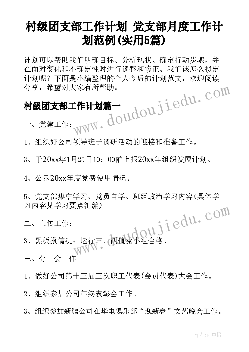 村级团支部工作计划 党支部月度工作计划范例(实用5篇)