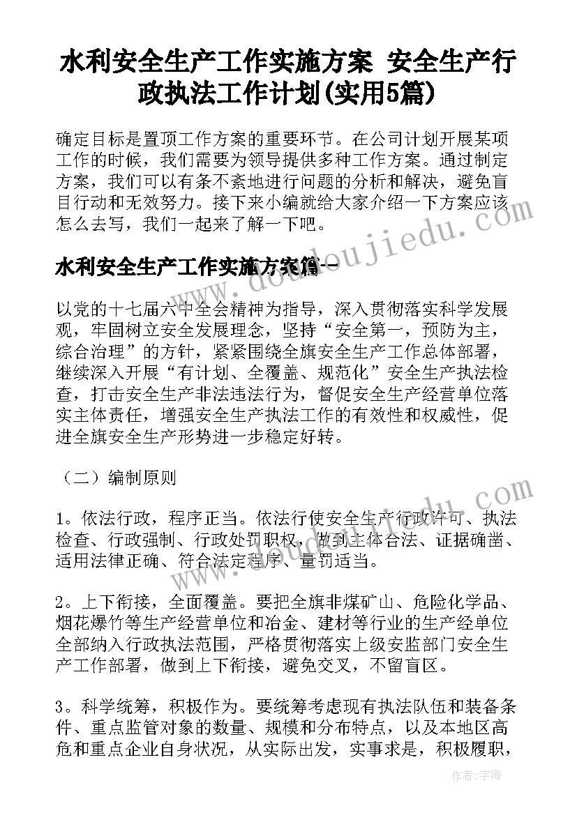 水利安全生产工作实施方案 安全生产行政执法工作计划(实用5篇)