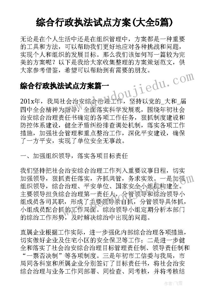 综合行政执法试点方案(大全5篇)