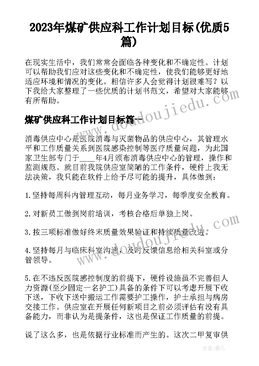 2023年煤矿供应科工作计划目标(优质5篇)