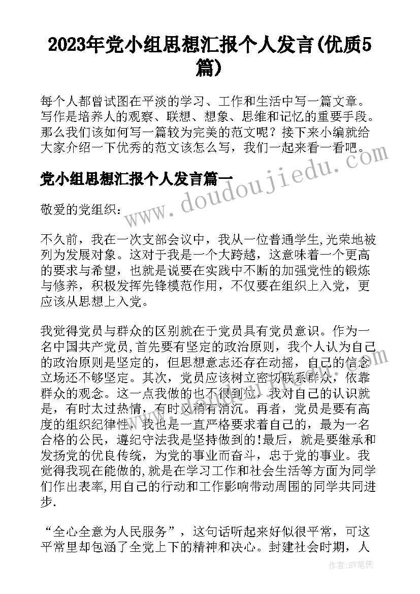 2023年党小组思想汇报个人发言(优质5篇)