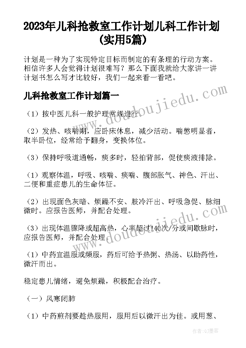 2023年儿科抢救室工作计划 儿科工作计划(实用5篇)