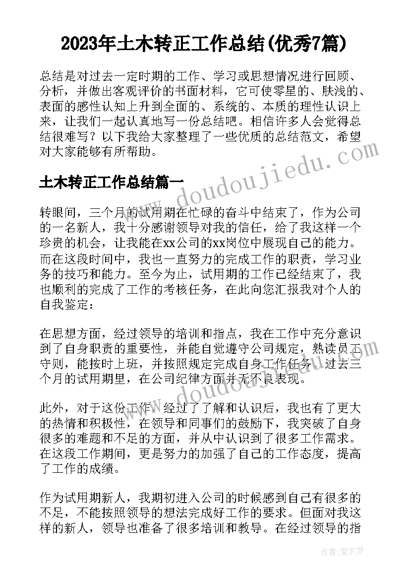 2023年土木转正工作总结(优秀7篇)