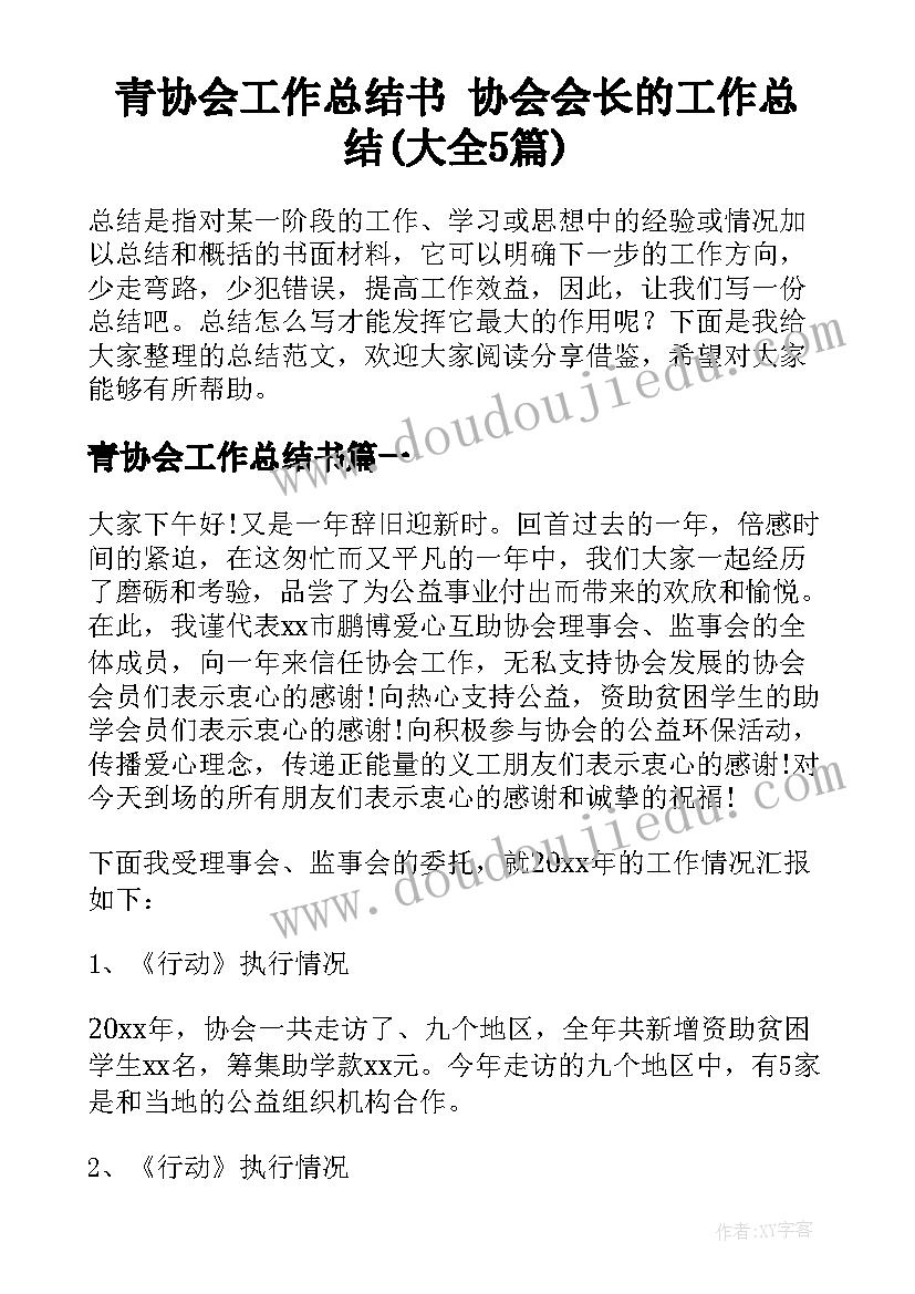 青协会工作总结书 协会会长的工作总结(大全5篇)