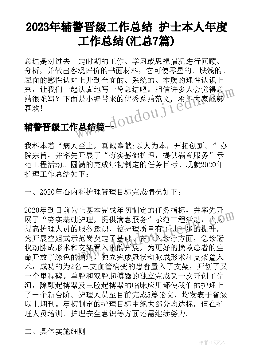 2023年辅警晋级工作总结 护士本人年度工作总结(汇总7篇)