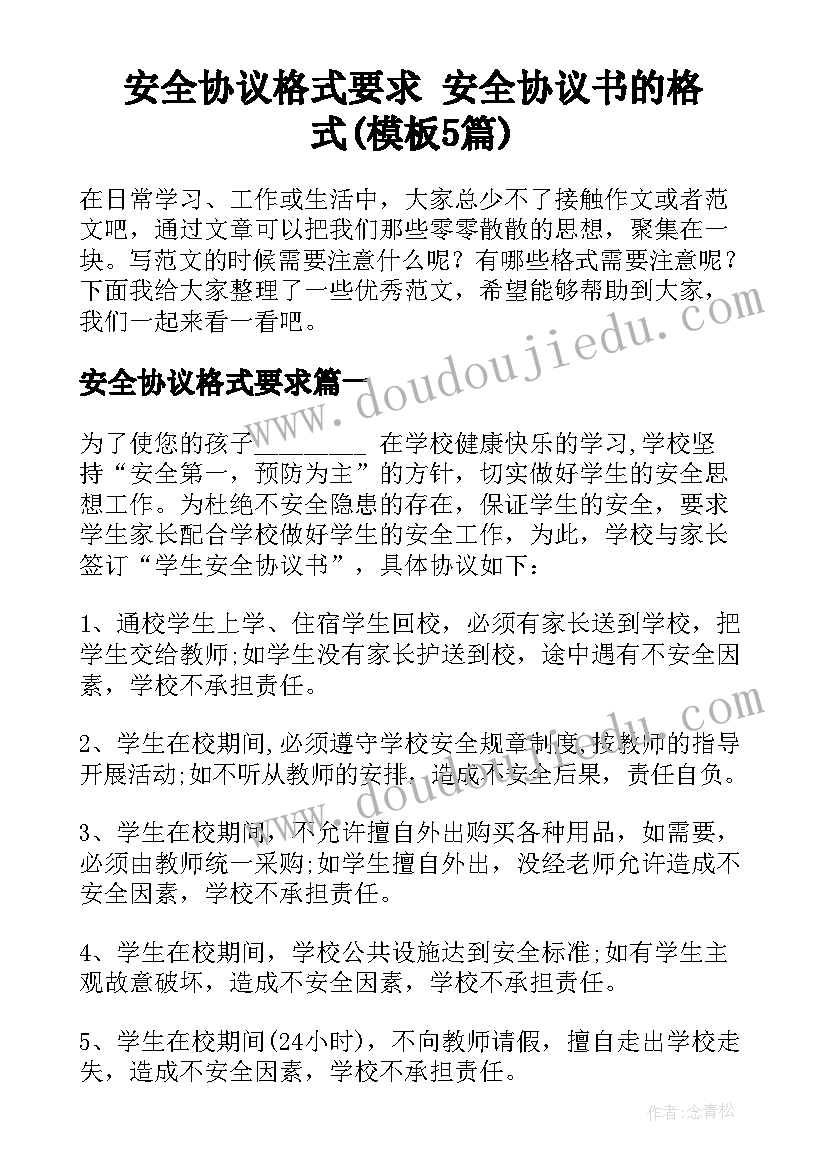 安全协议格式要求 安全协议书的格式(模板5篇)