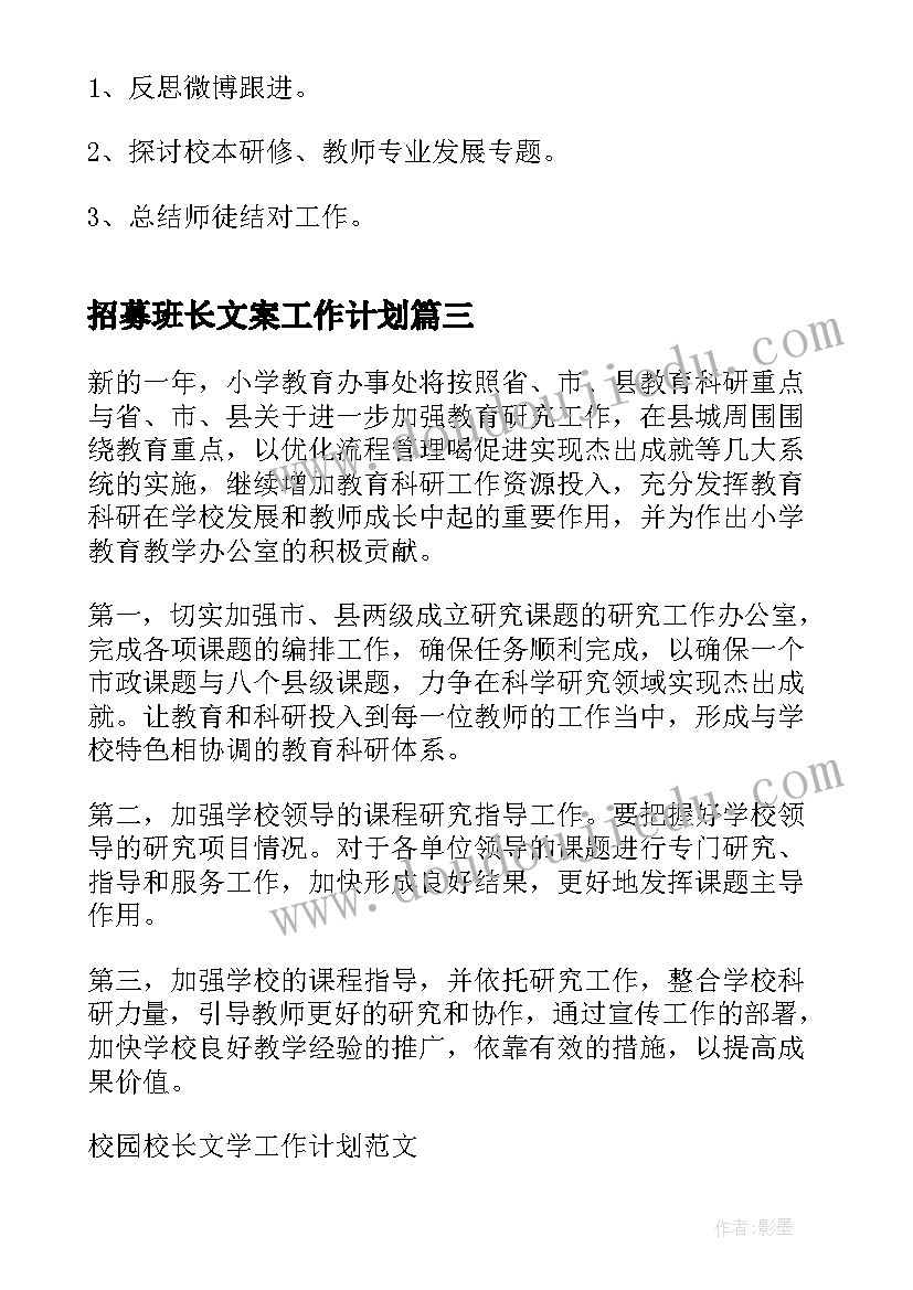 最新招募班长文案工作计划(汇总5篇)