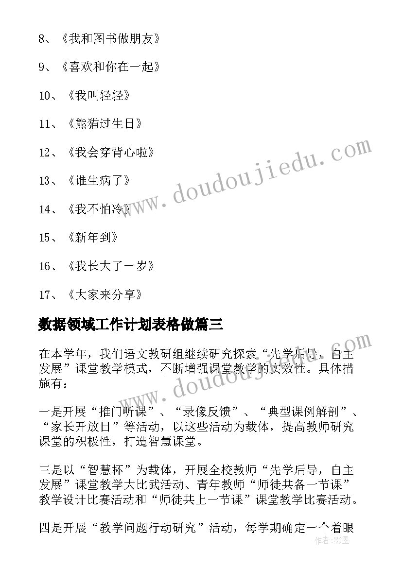 最新数据领域工作计划表格做(模板5篇)