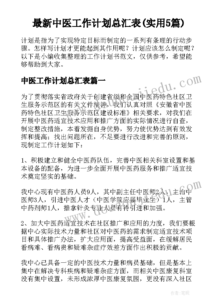 最新中医工作计划总汇表(实用5篇)