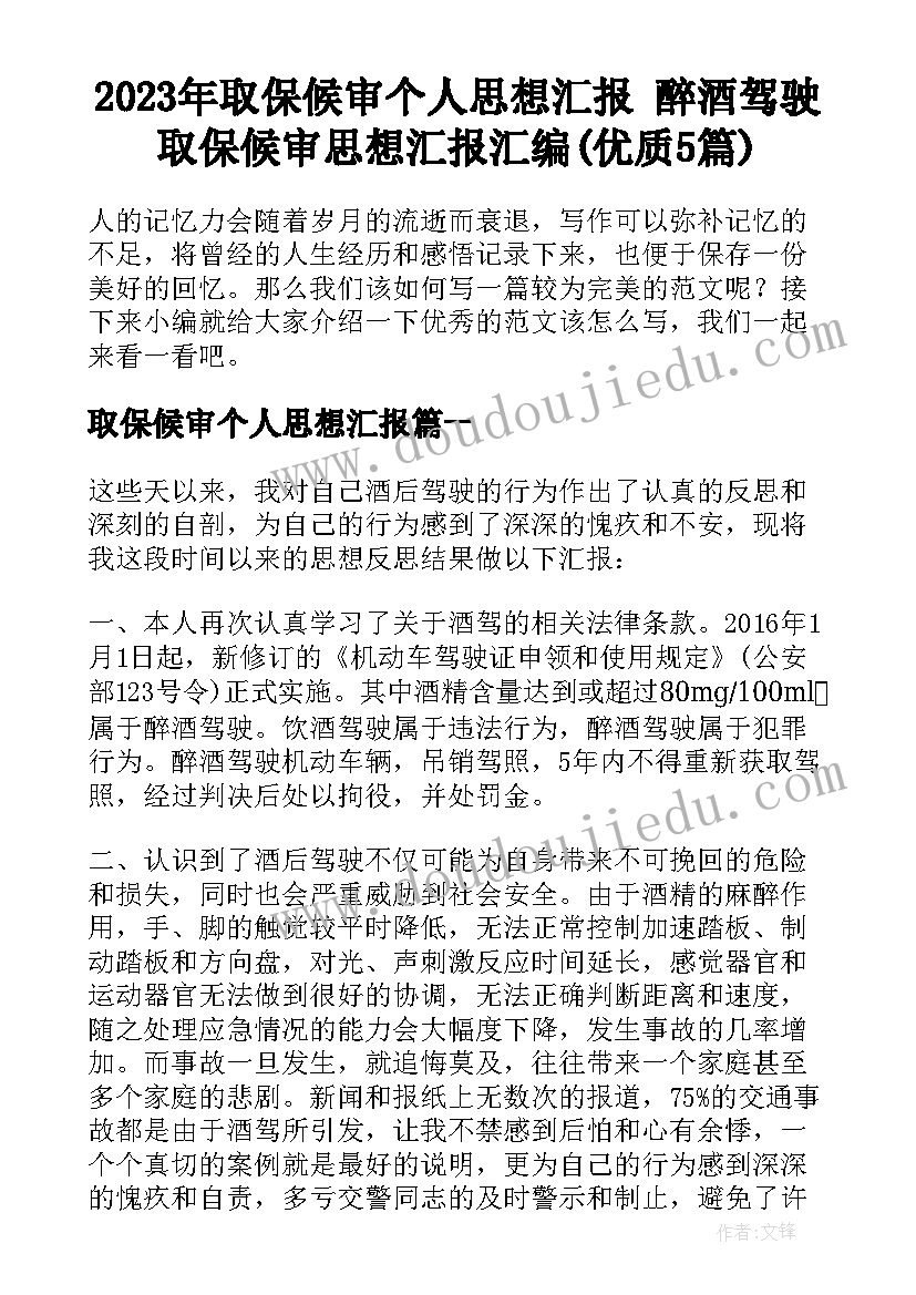 2023年取保候审个人思想汇报 醉酒驾驶取保候审思想汇报汇编(优质5篇)