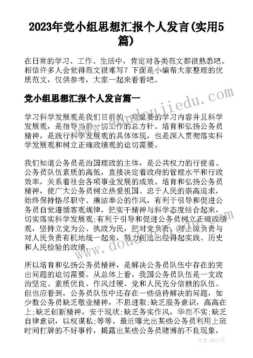 2023年党小组思想汇报个人发言(实用5篇)