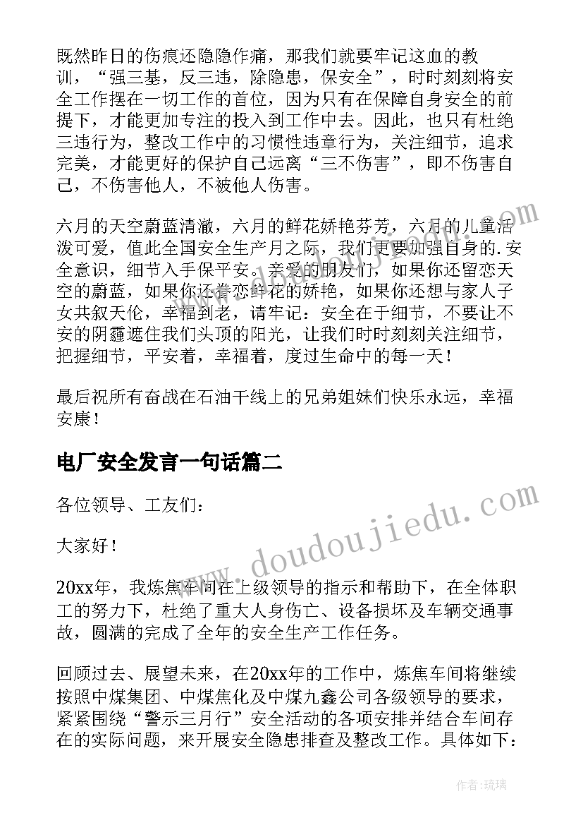 最新电厂安全发言一句话(通用5篇)