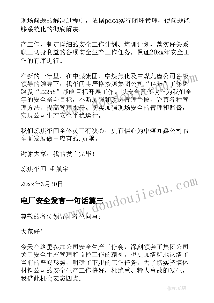 最新电厂安全发言一句话(通用5篇)