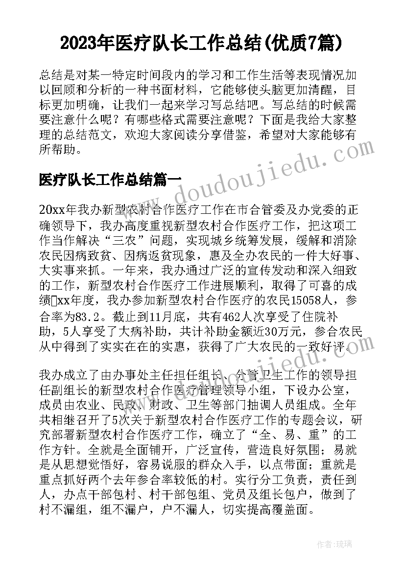 2023年医疗队长工作总结(优质7篇)