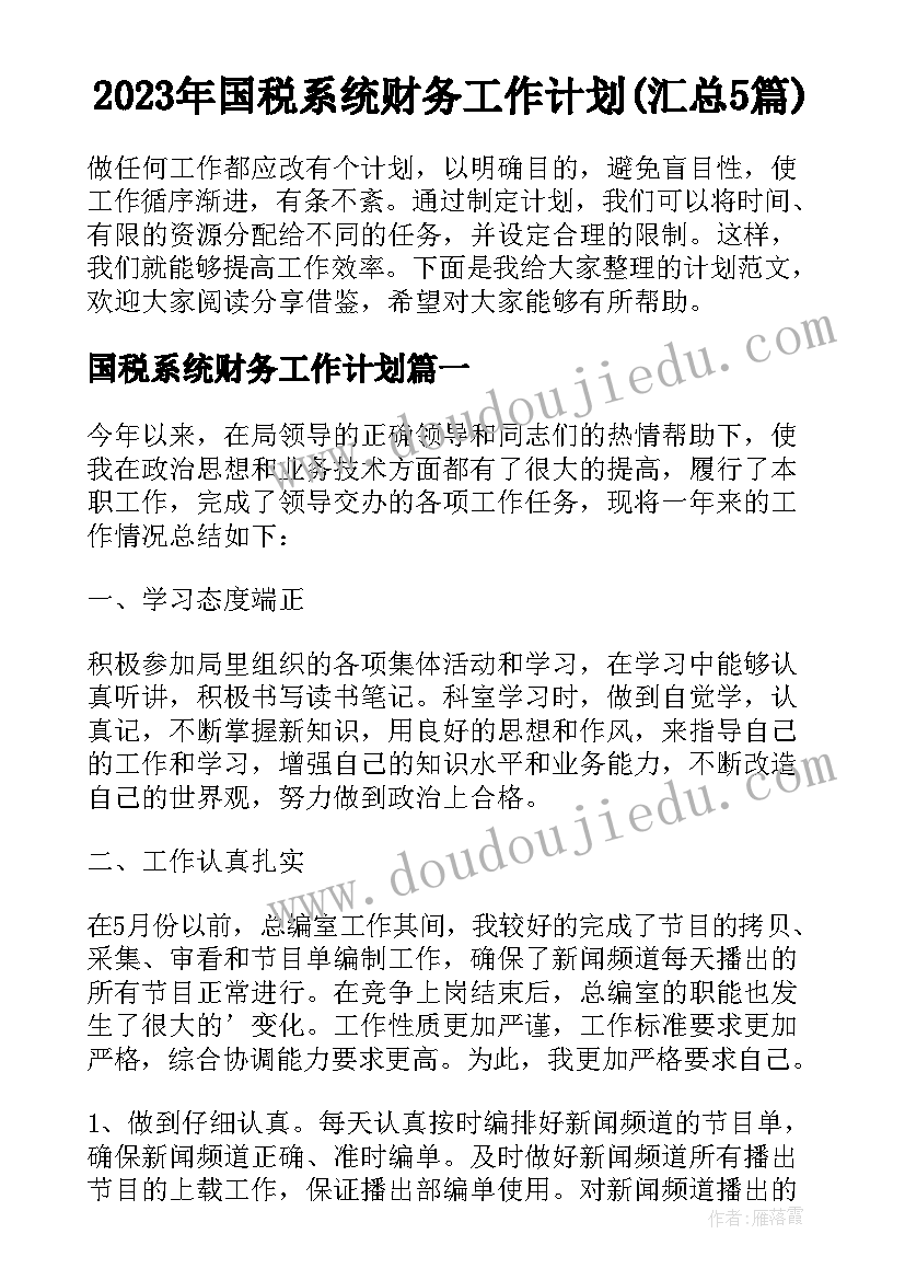 2023年国税系统财务工作计划(汇总5篇)