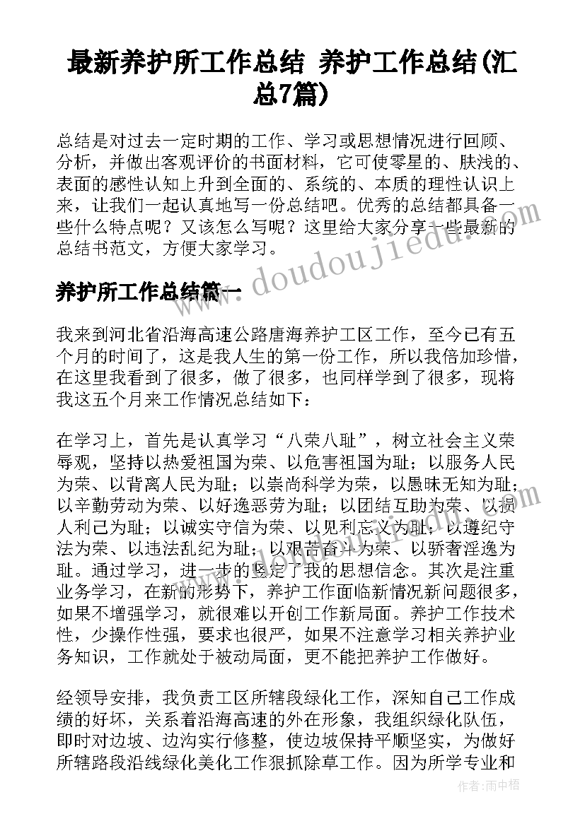 最新养护所工作总结 养护工作总结(汇总7篇)