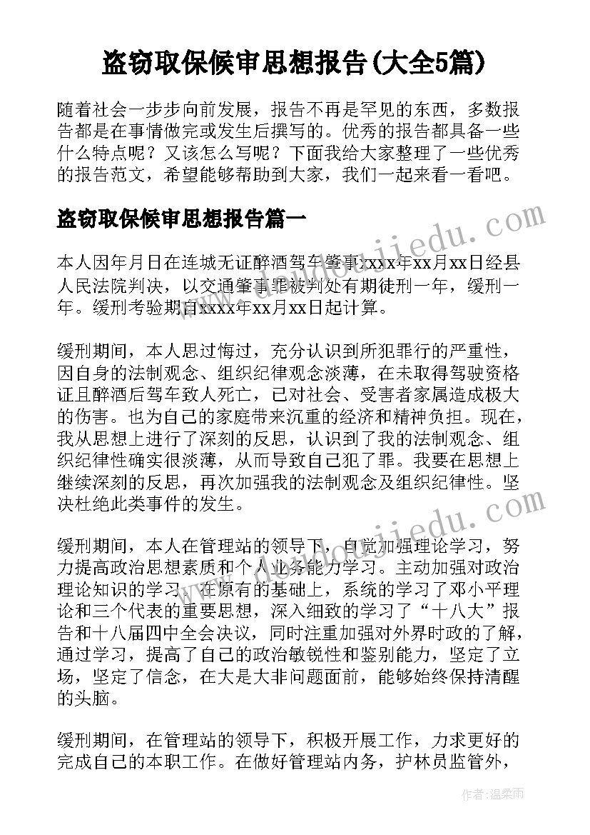 盗窃取保候审思想报告(大全5篇)